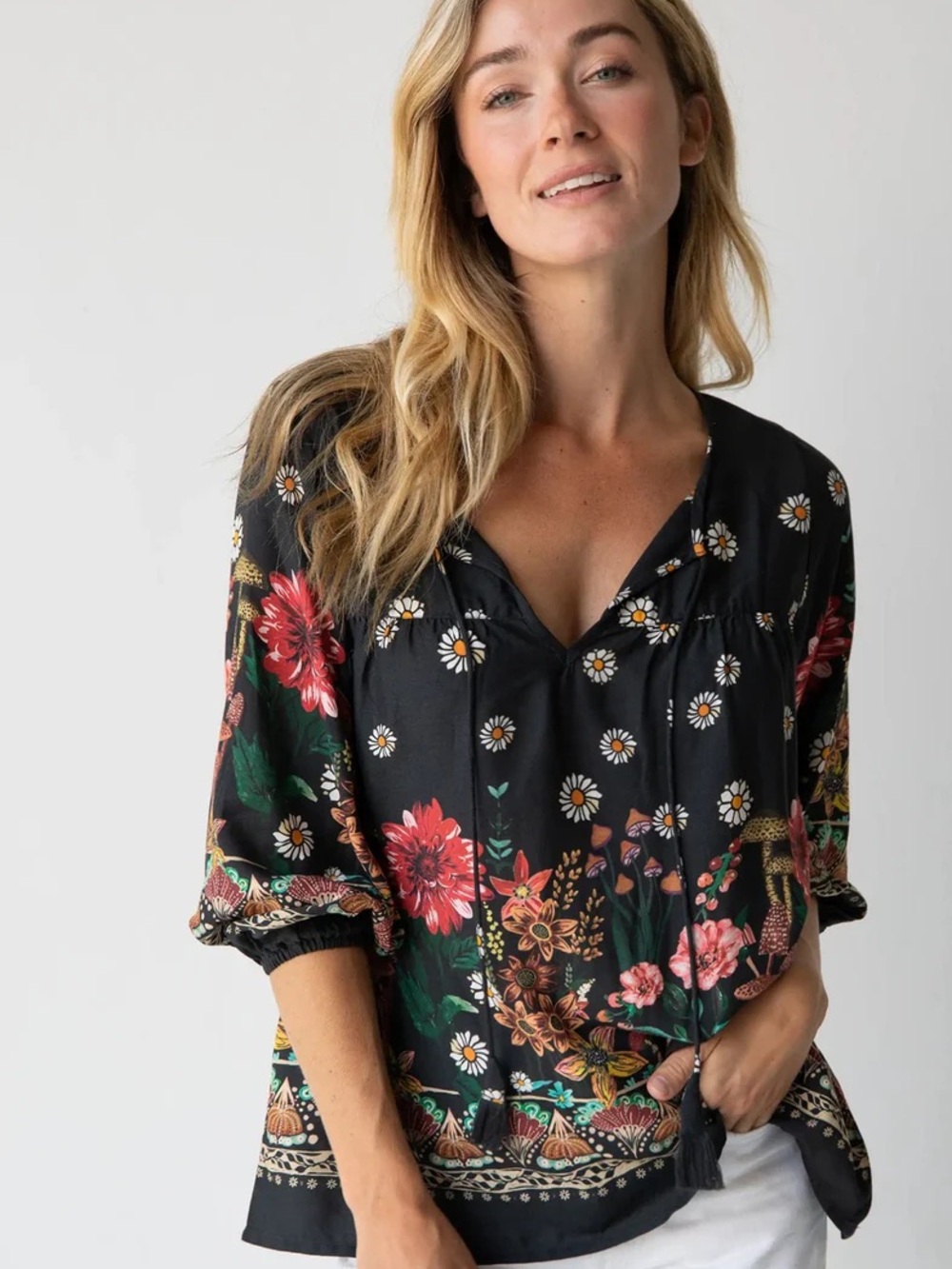 Natural Life Maribel Top Black Floral Mushroom cottagecore blouse